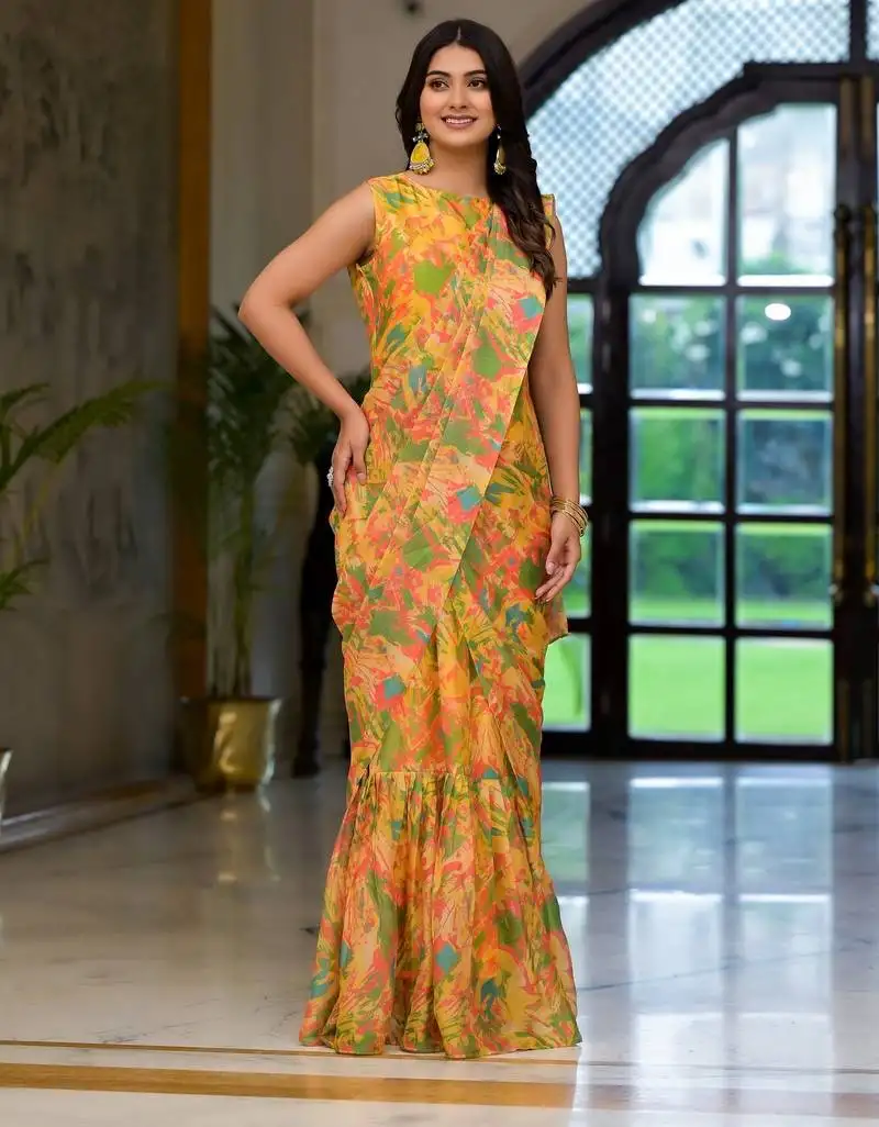 Yellow designer printed imported georgette saree with blouse piece