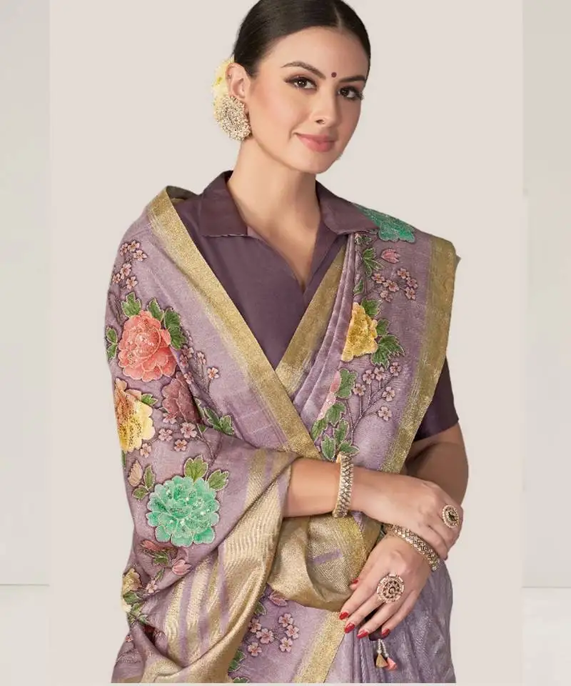 Lavendar floral printed sequins embroidery work rangkat tussar silk blend saree with blouse piece