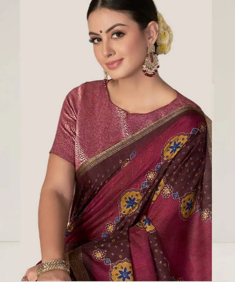 Maroon bandhani printed thread embroidery work rangkat tussar silk blend saree with blouse piece