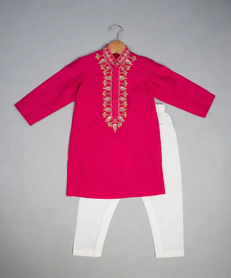 Pink embroidered silk kurta pyjama