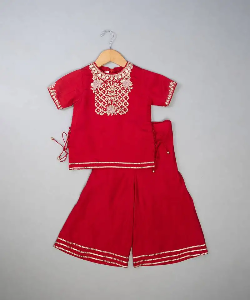 Red embroidered silk kurta set