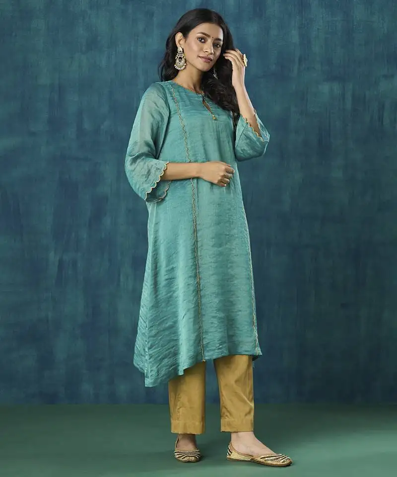 Teal stripe kurti with scallop embroidery