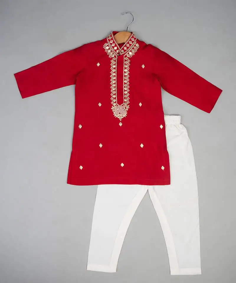 Red embroidered silk kurta pyjama