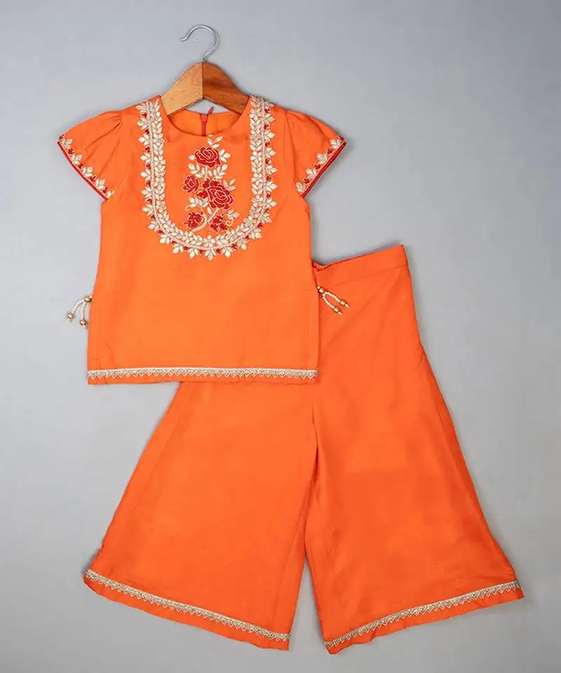 Orange embroidered silk kurta set