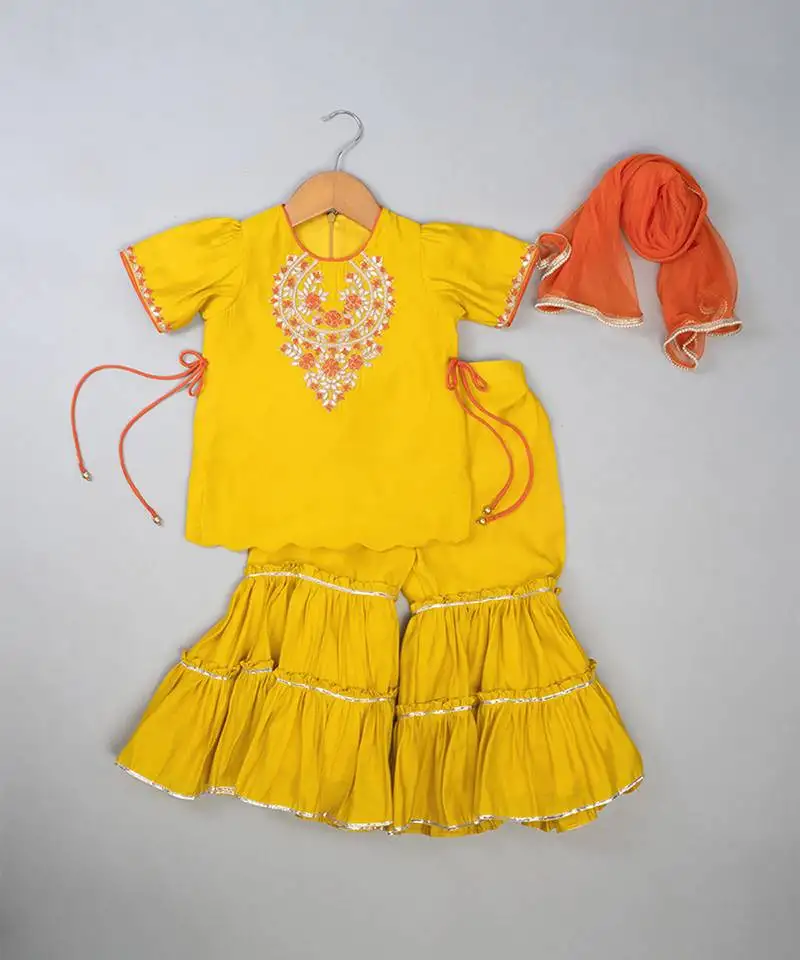 Yellow embroidered silk sharara