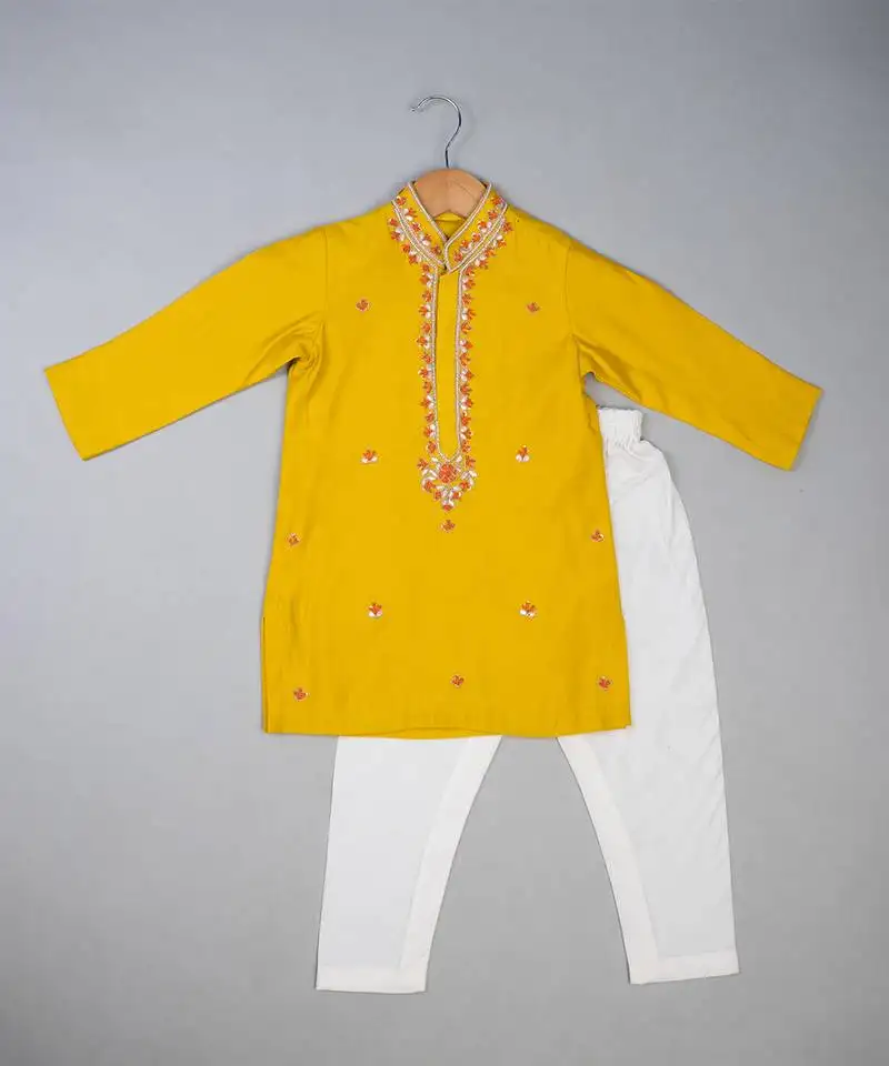 Yellow embroidered silk kurta pyjama
