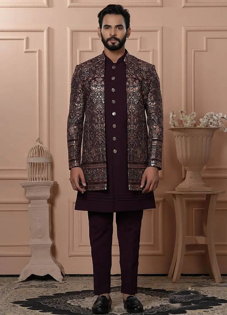 Red georgette embroidered premium designer indo western for men's