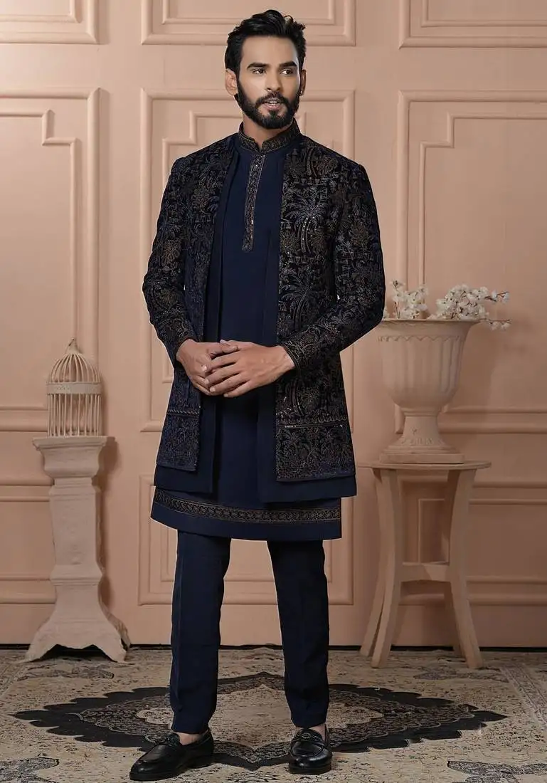 Blue velvet embroidered premium designer indo western for men's