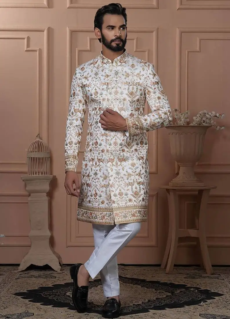 White silk embroidered premium designer indo western for men's