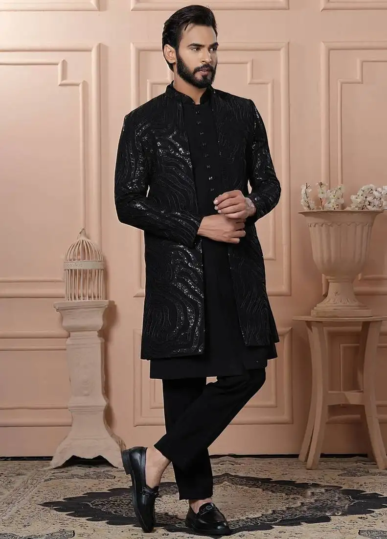 Black velvet embroidered premium designer indo western for men's