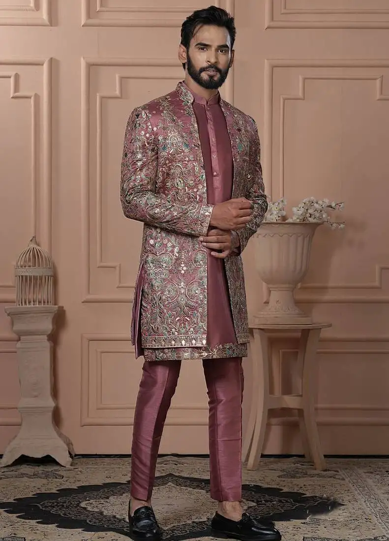 Pink silk embroidered premium designer indo western for men's