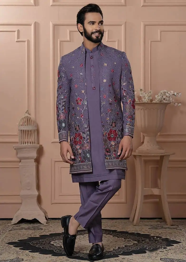 Purple georgette embroidered premium designer indo western for men's