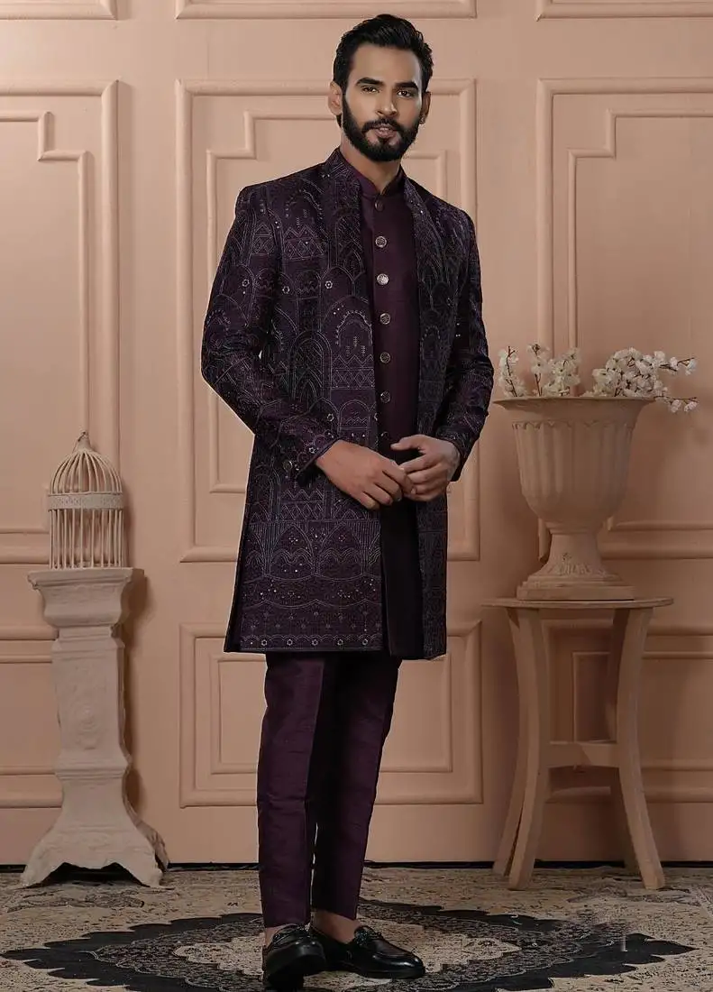 Purple silk embroidered premium designer indo western for men's