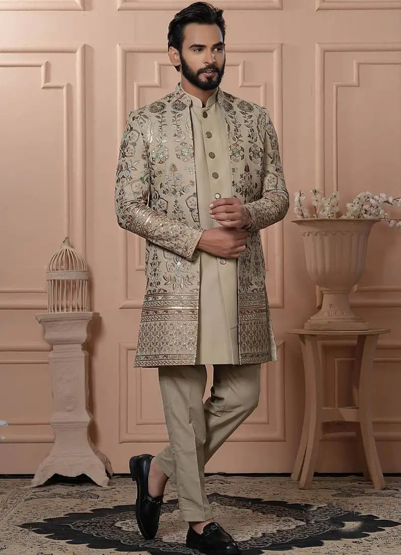 Beige georgette embroidered premium designer indo western for men's
