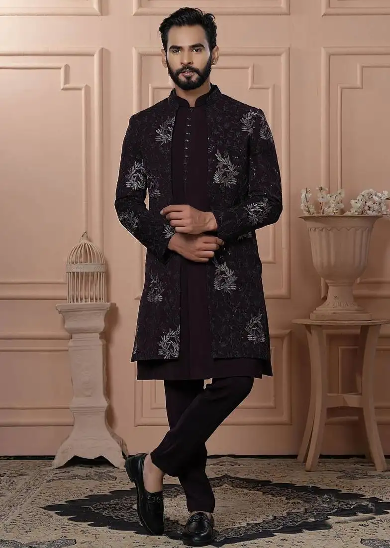 Red velvet embroidered premium designer indo western for men's