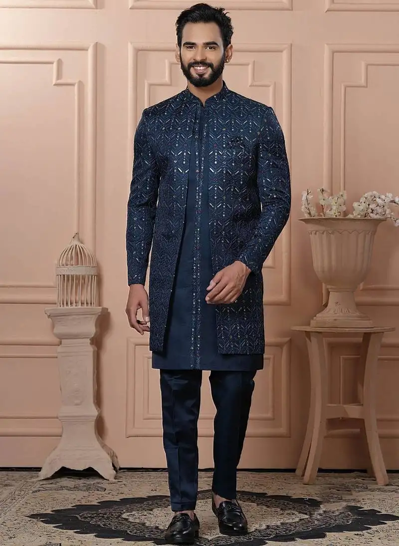 Blue rayon embroidered premium designer indo western for men's
