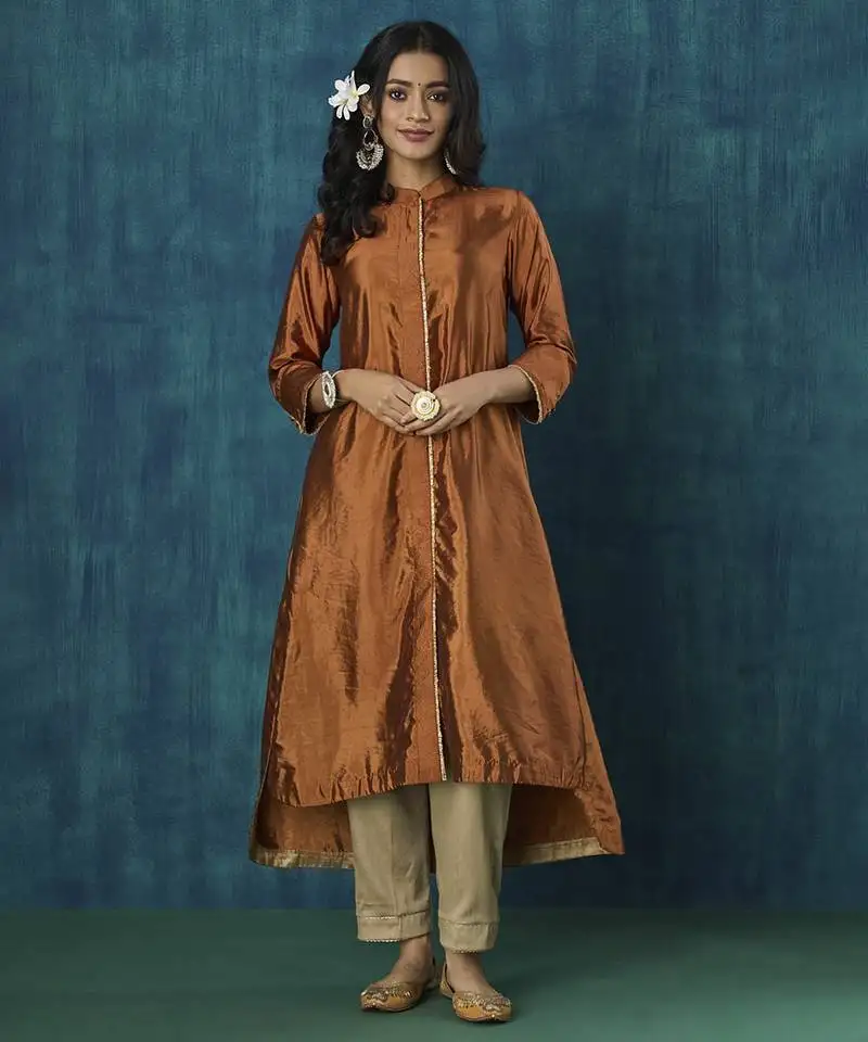 Rust plain habotai silk kurti