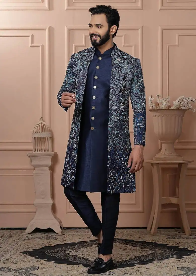 Blue silk embroidered premium designer indo western for men's
