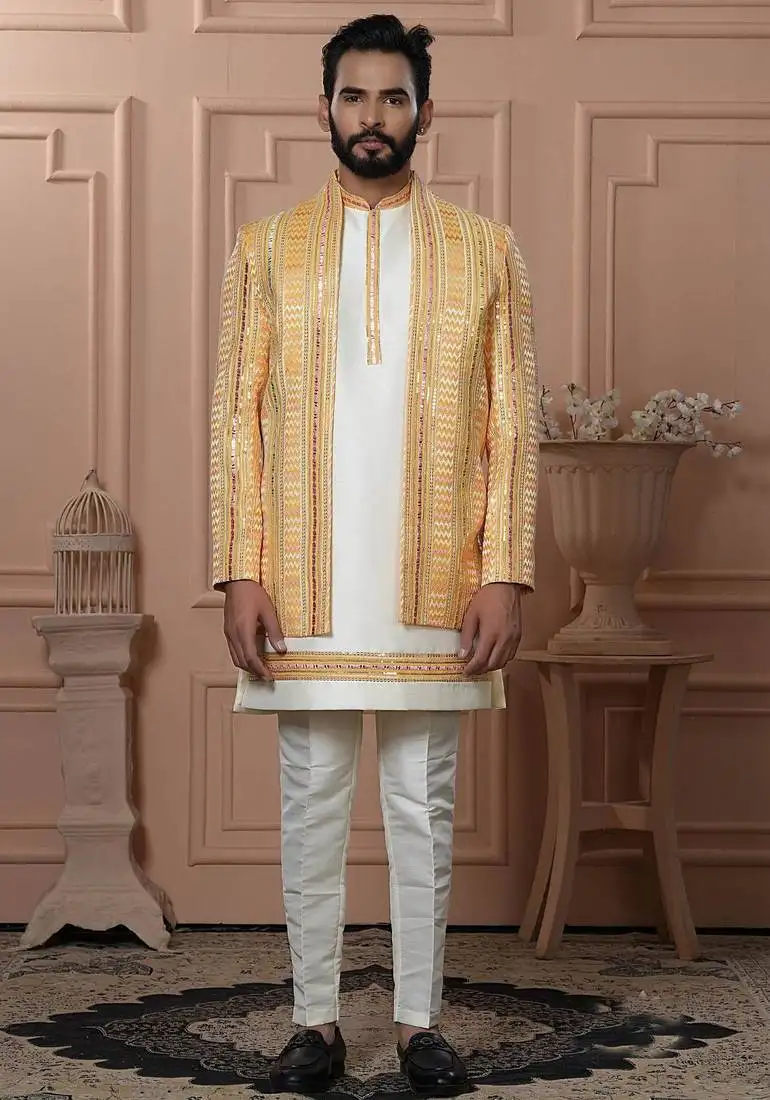 Yellow silk embroidered premium designer indo western for men's