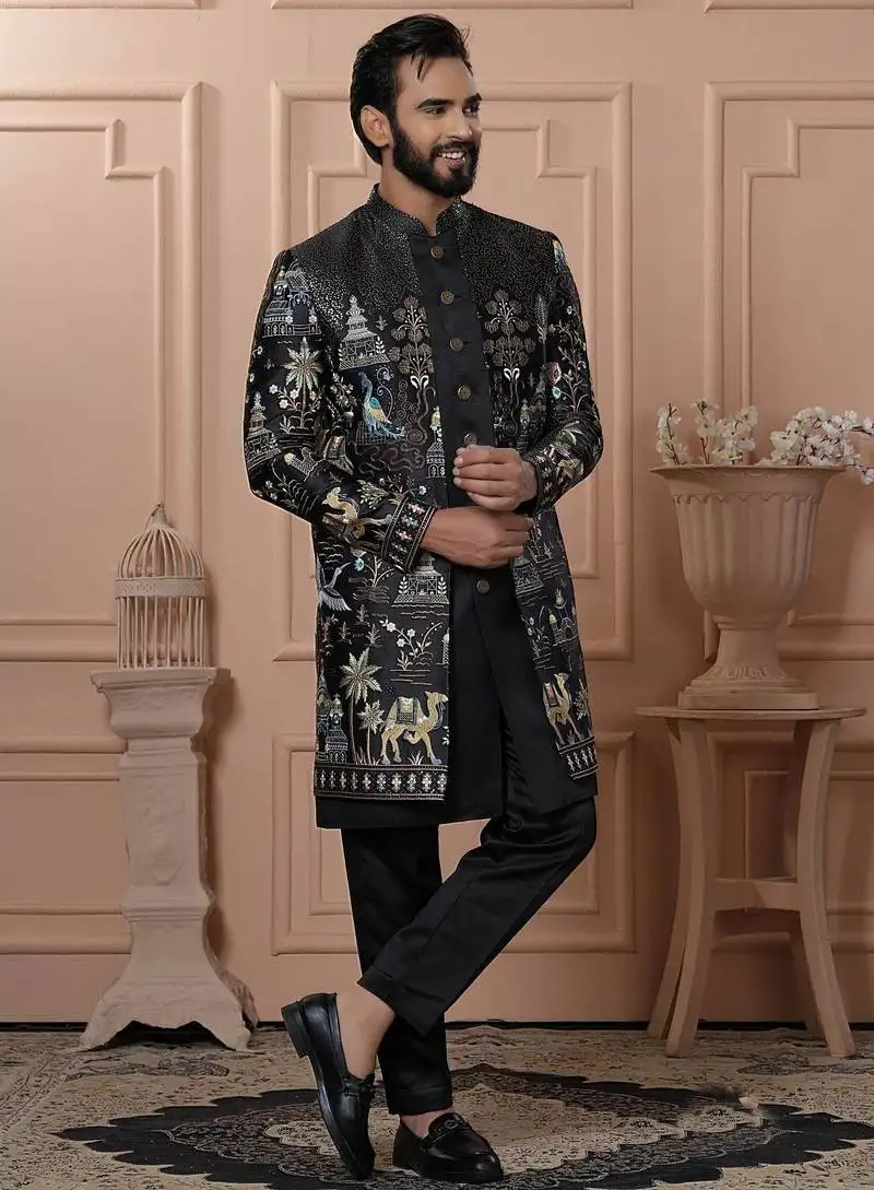 Black rayon embroidered premium designer indo western for men's