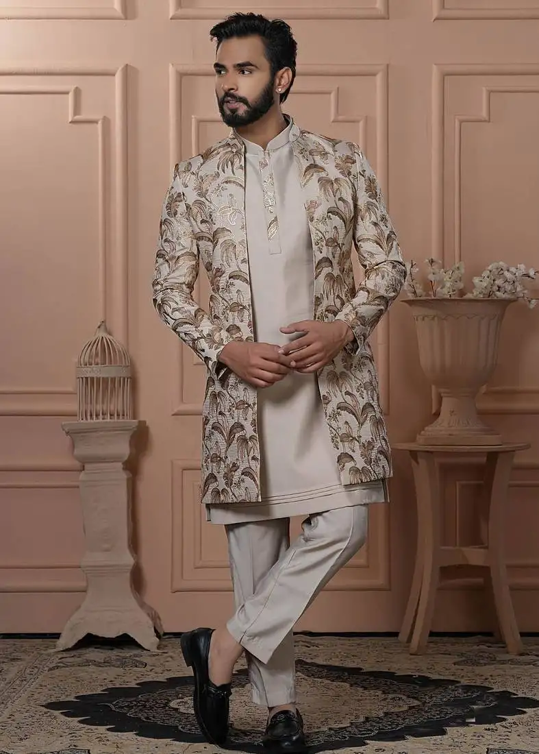 Beige silk embroidered premium designer indo western for men's