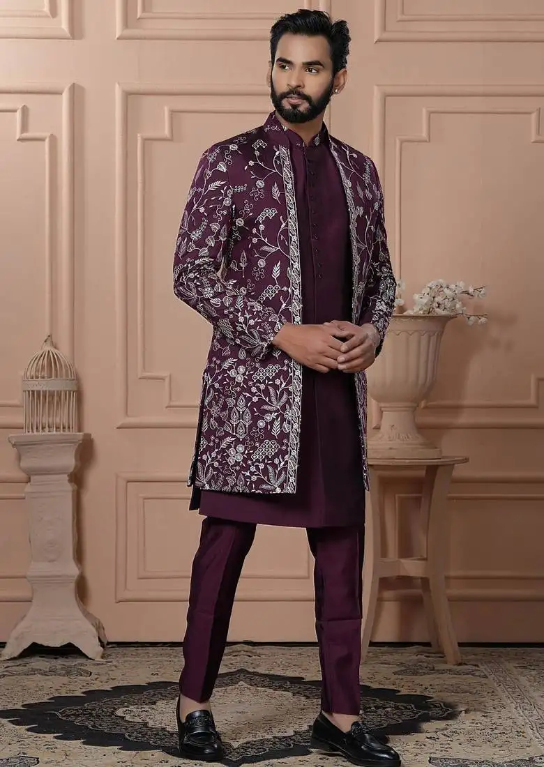 Red silk embroidered premium designer indo western for men's
