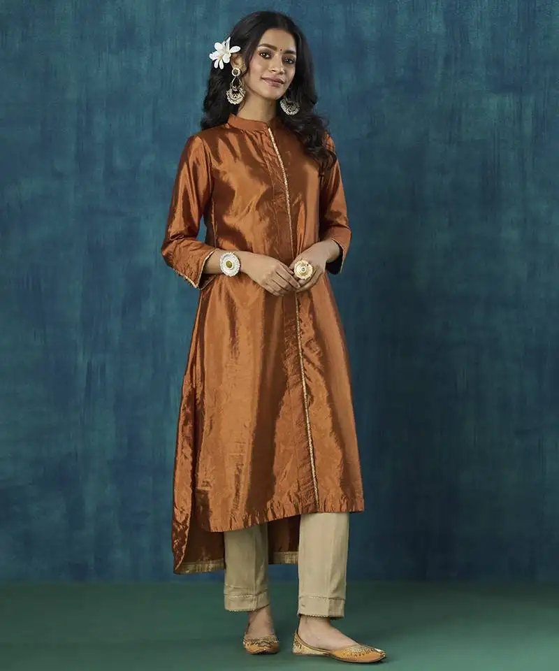 Rust habotai plain silk kurta with pant