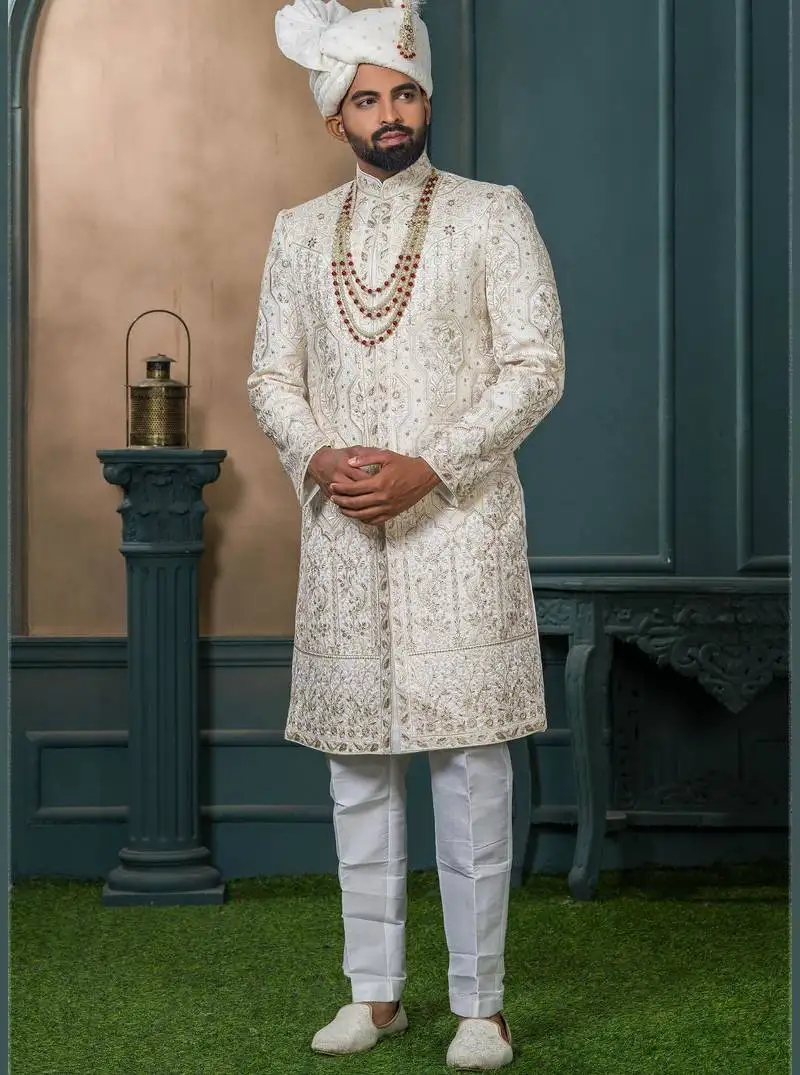 Cream silk embroidered sherwani for mens