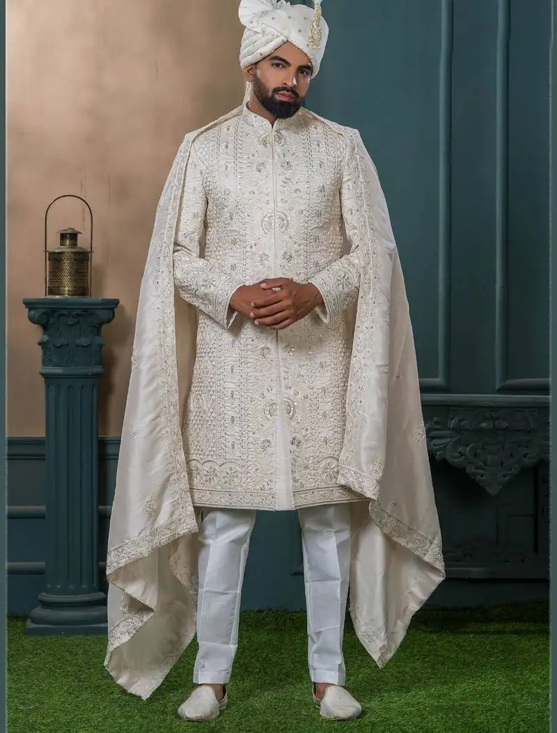 Beige silk embroidered sherwani for mens