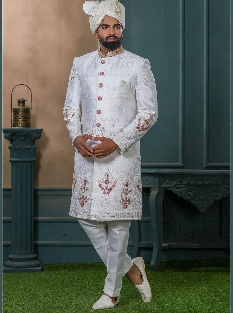White silk embroidered sherwani for mens