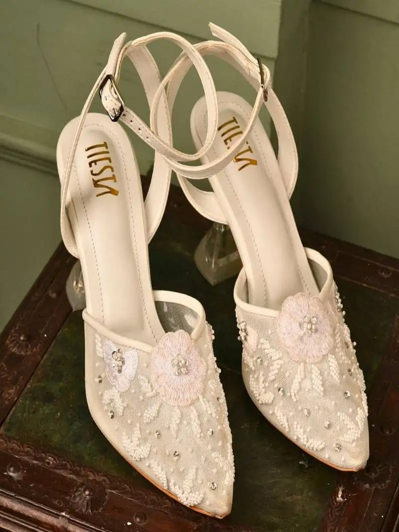 White floral embroidered net heels