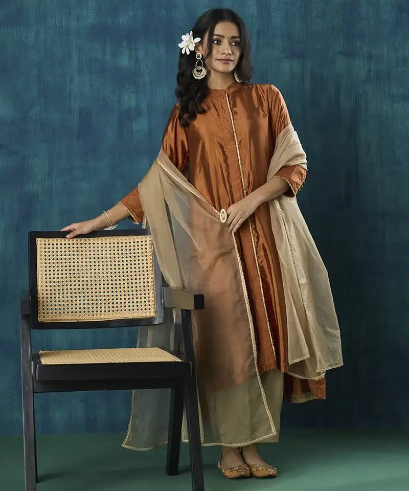 Rust habotai silk plain kurta set