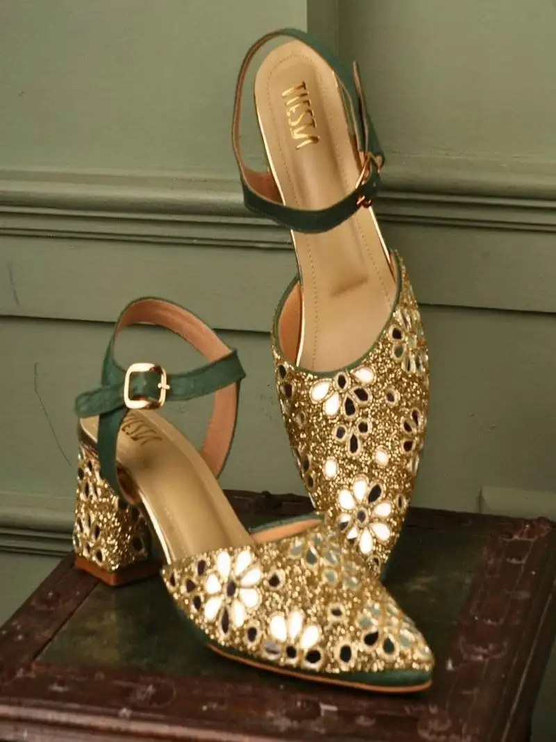 Green mirror embroidered block heels