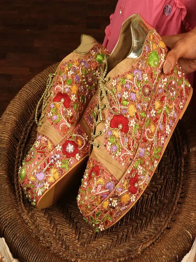 Peach floral embroidered wedges shoes