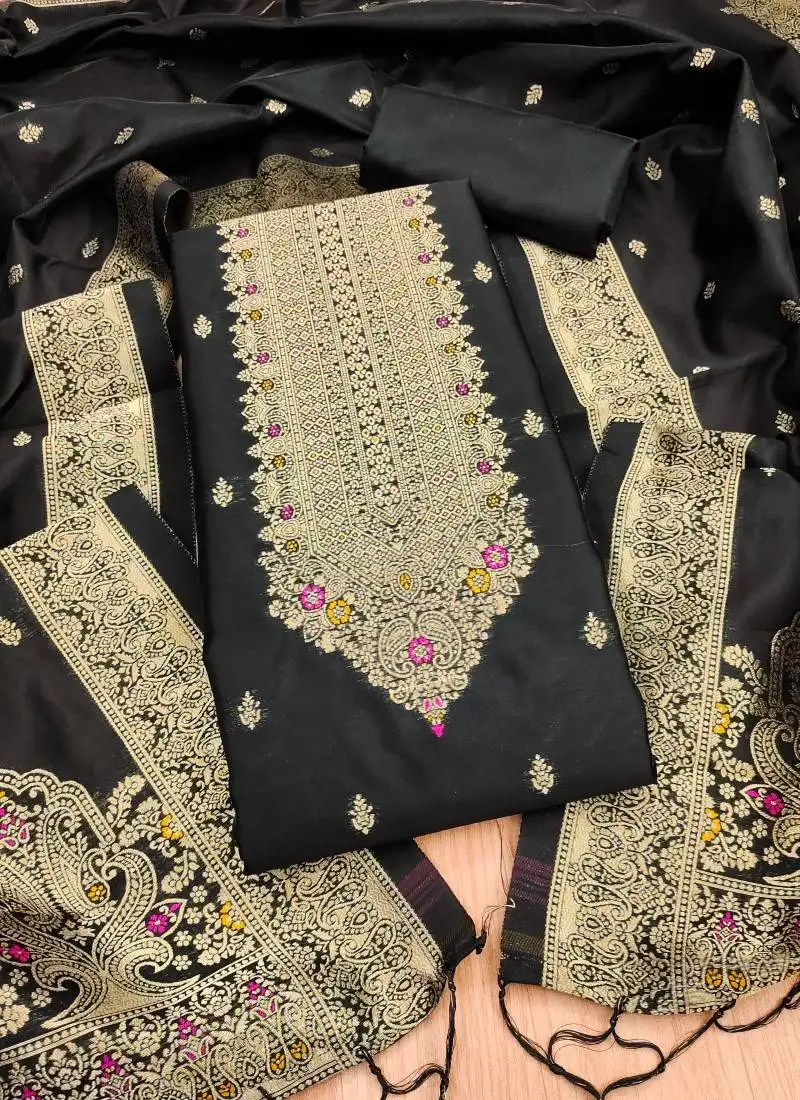 Black designer partywear paithani banarasi dress material unstitched