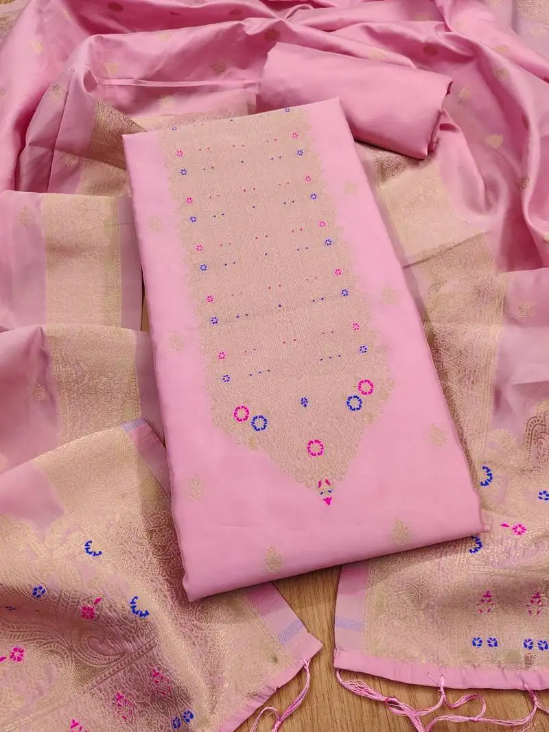 Baby pink designer partywear paithani banarasi dress material unstitched