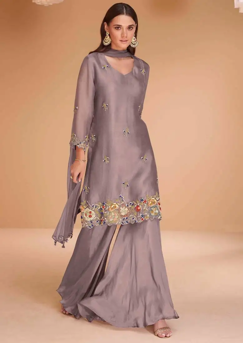 Purple handwork organza silk straight sharara suit - full stitched suit