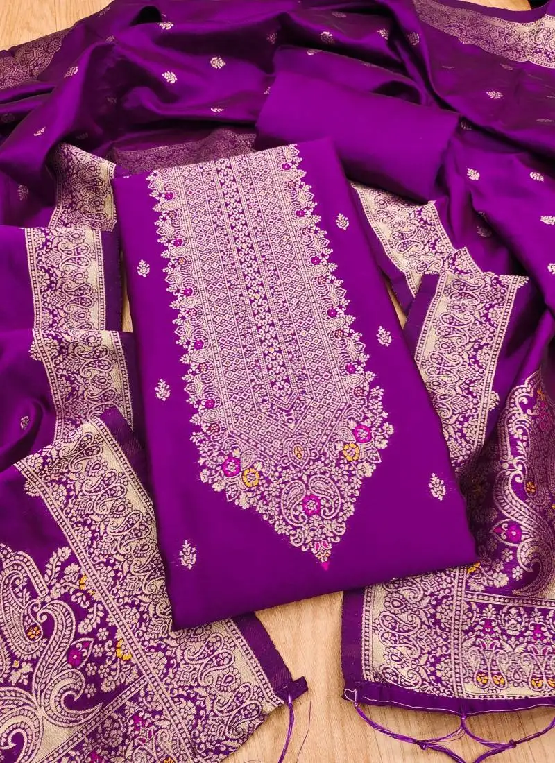 Purple designer partywear paithani banarasi dress material unstitched