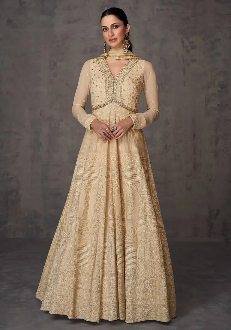 Beige embroidery mirror & sequins work georgette gown suit - full stitched suit