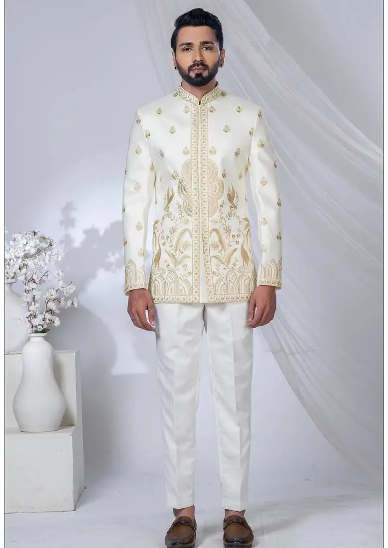 White silk hand woven bandhgala for mens