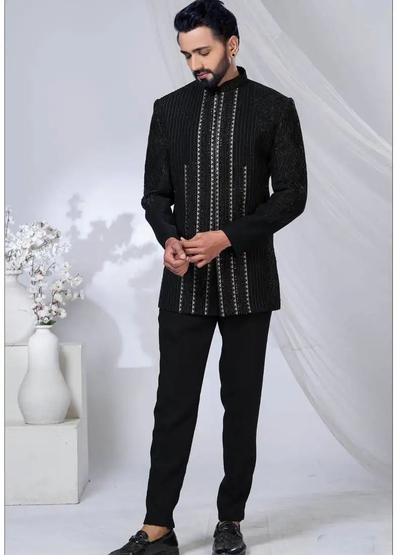 Black rayon hand woven bandhgala for mens