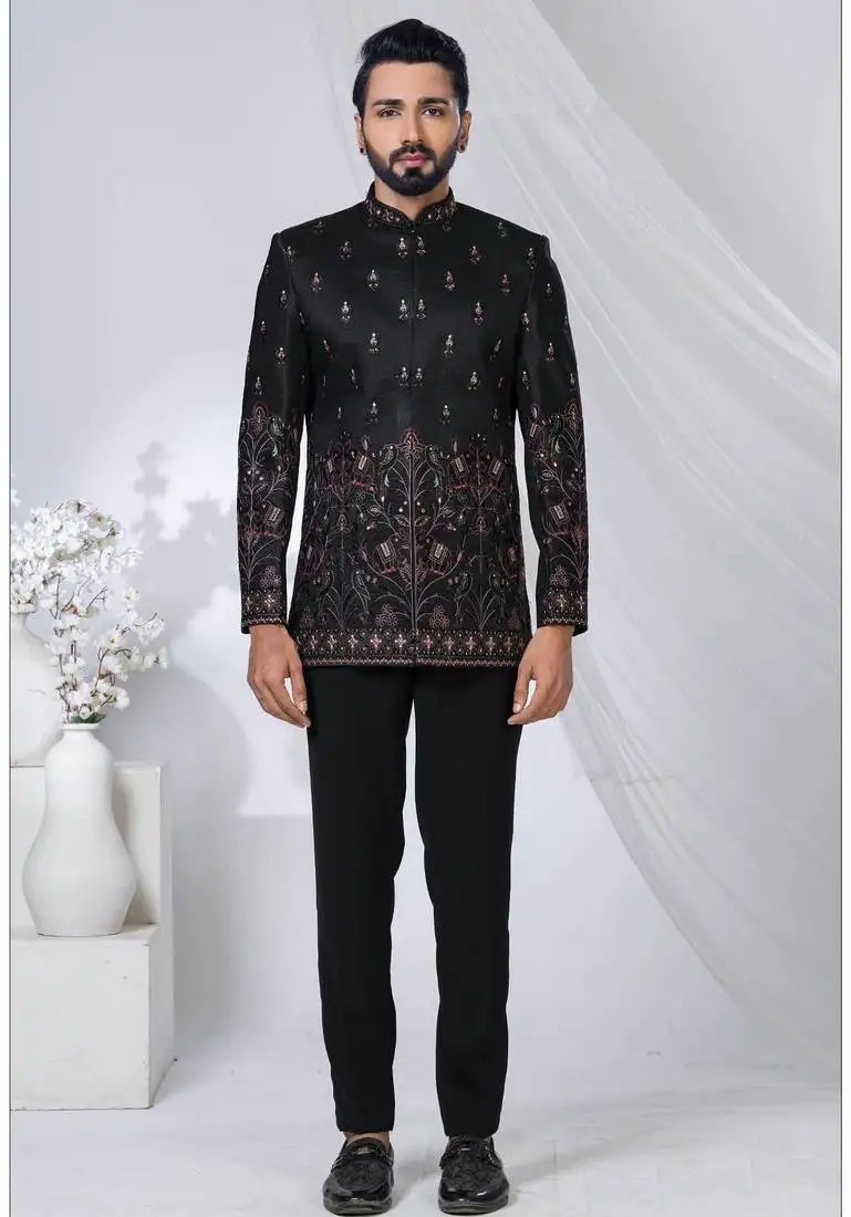 Black rayon embroidered bandhgala for mens
