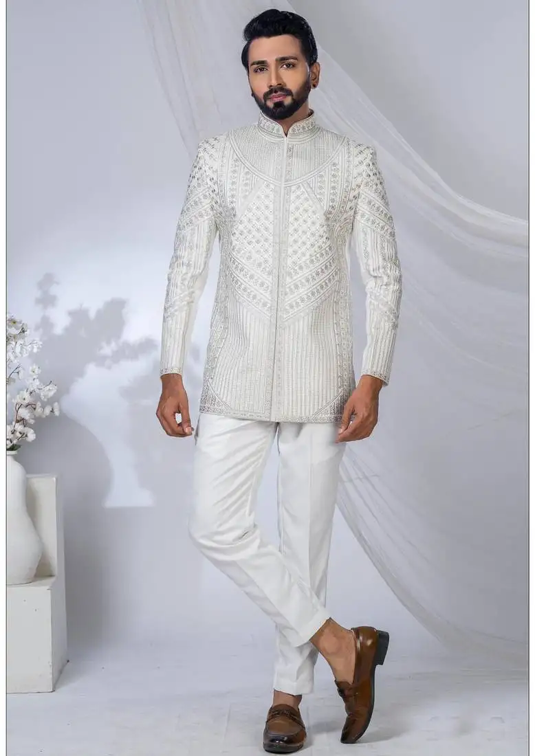 White rayon embroidered bandhgala for mens