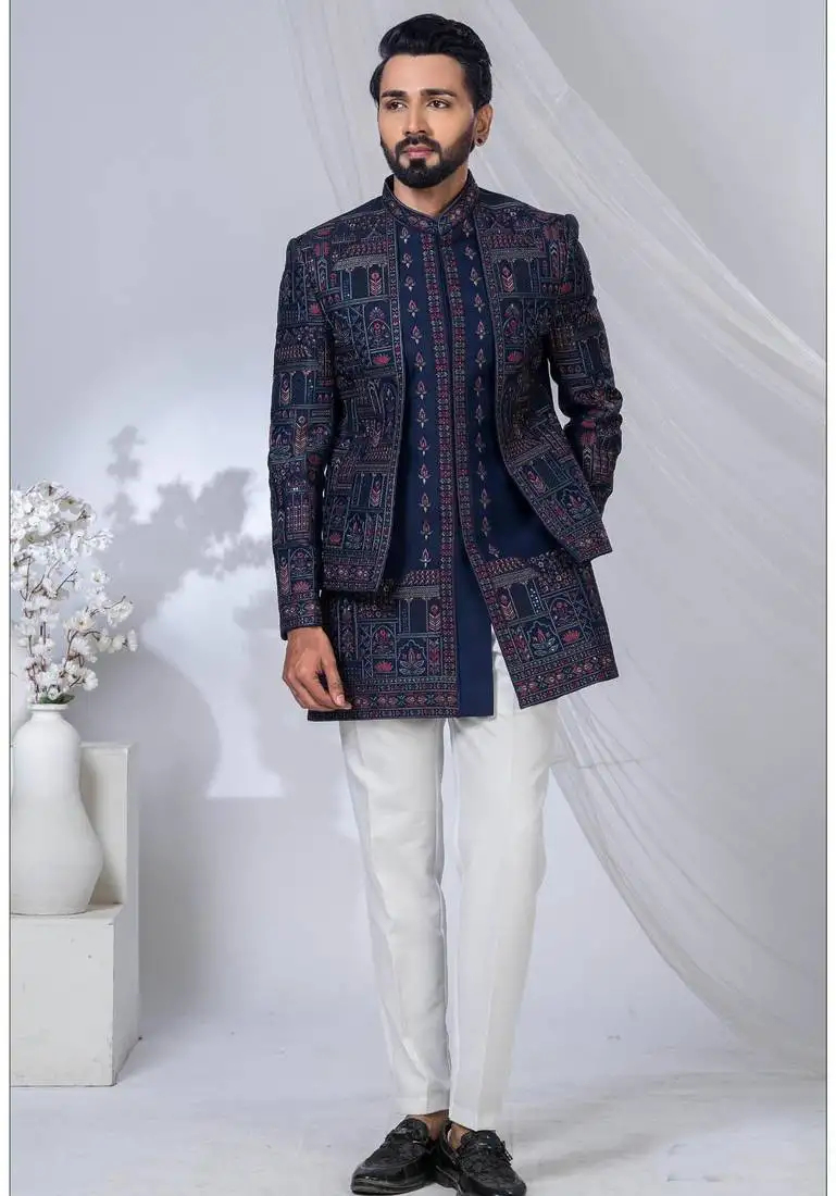 Blue silk embroidered indo western for mens