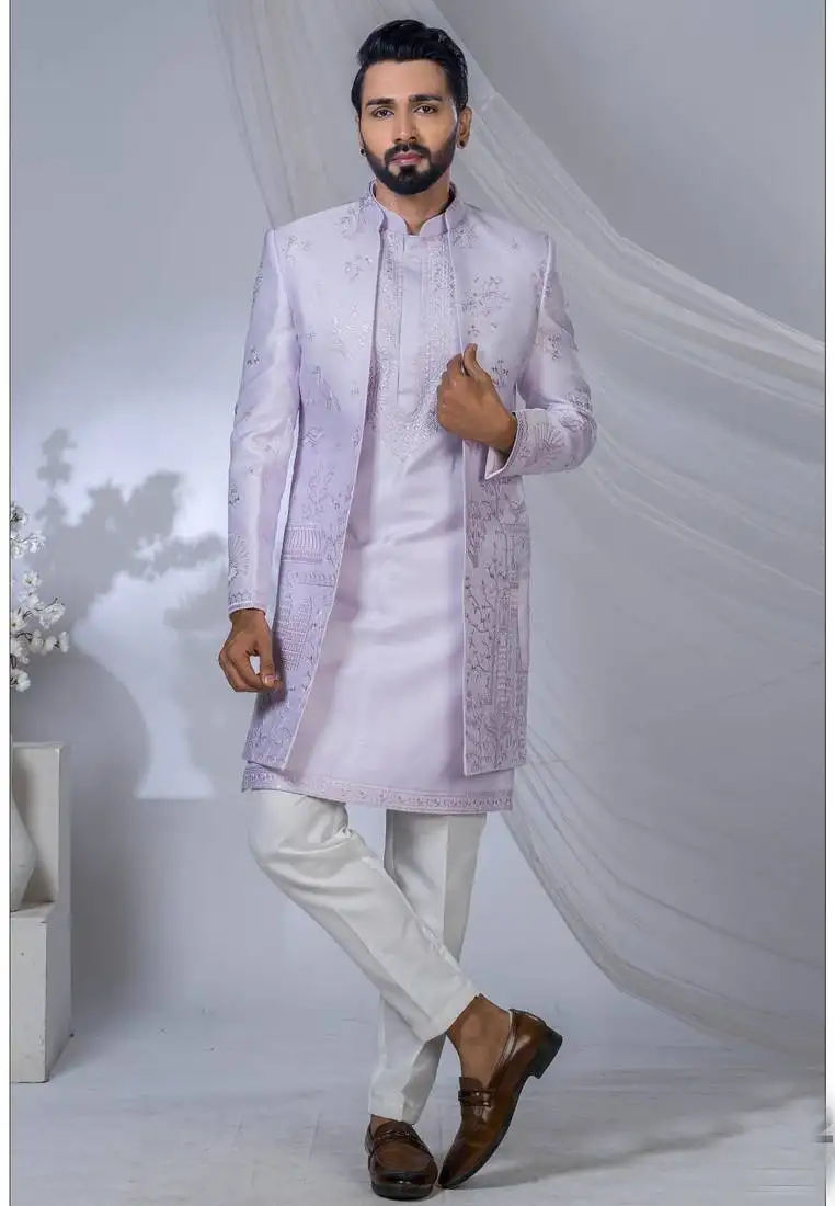Purple silk embroidered bandhgala for mens