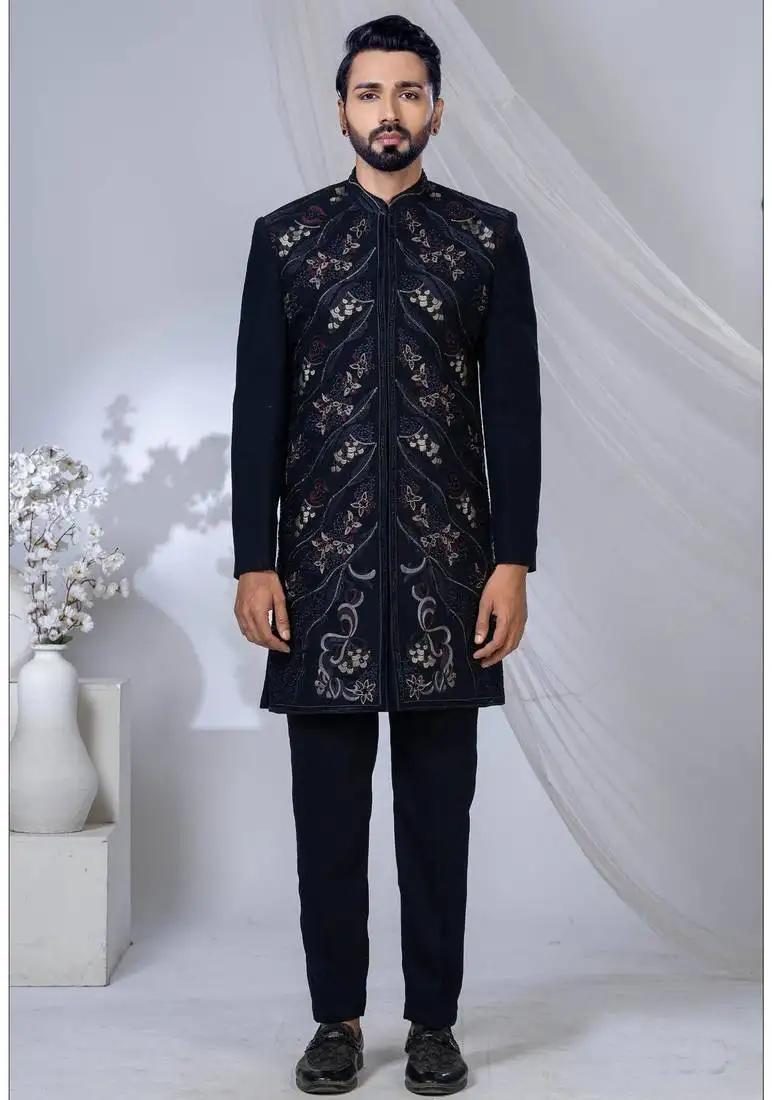 Blue rayon hand woven sherwani for mens