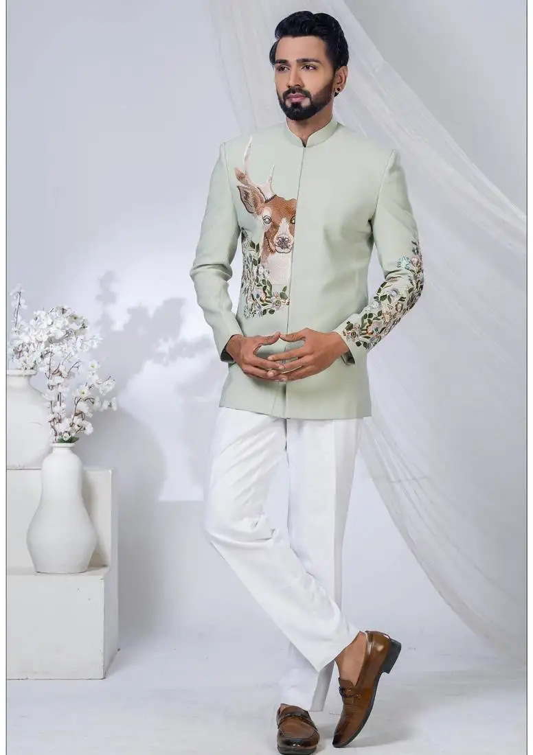 Green rayon embroidered bandhgala for mens