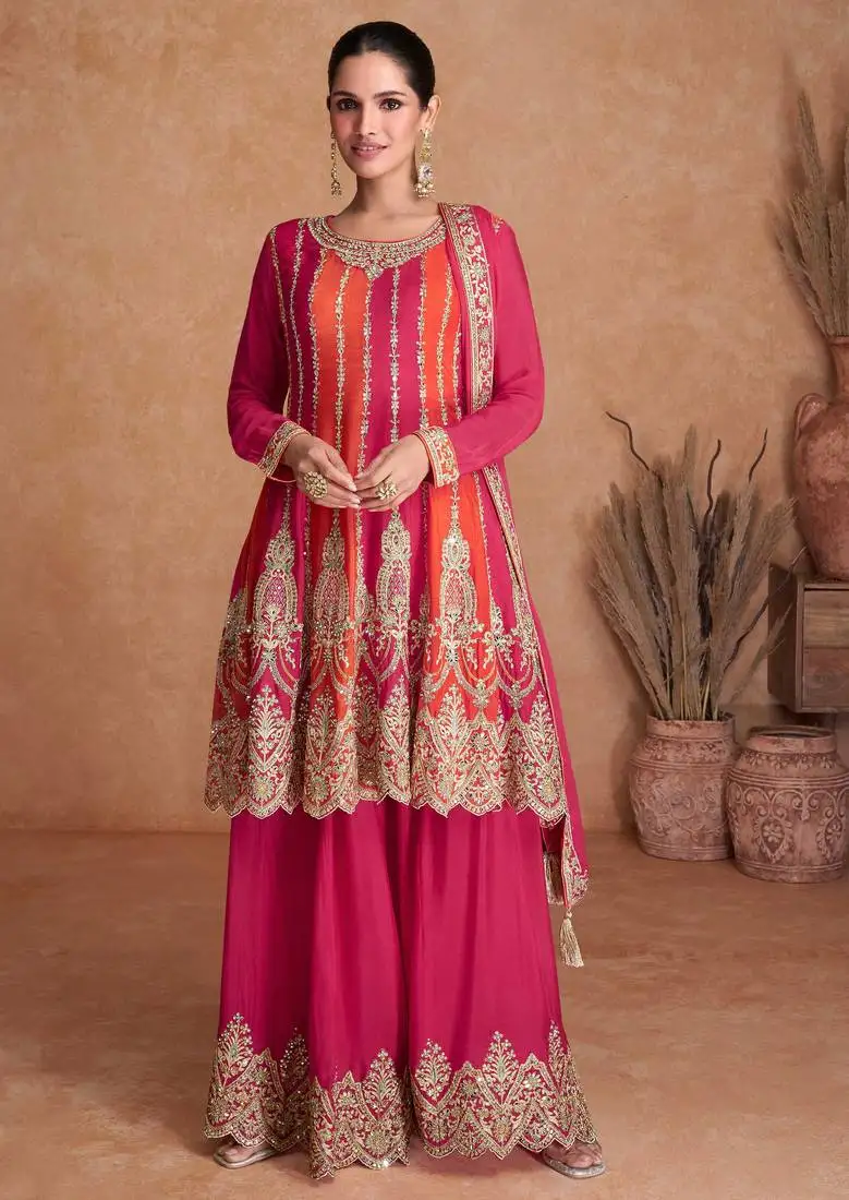 Pink zari embroidered work chinon punjabi salwar suit stitched