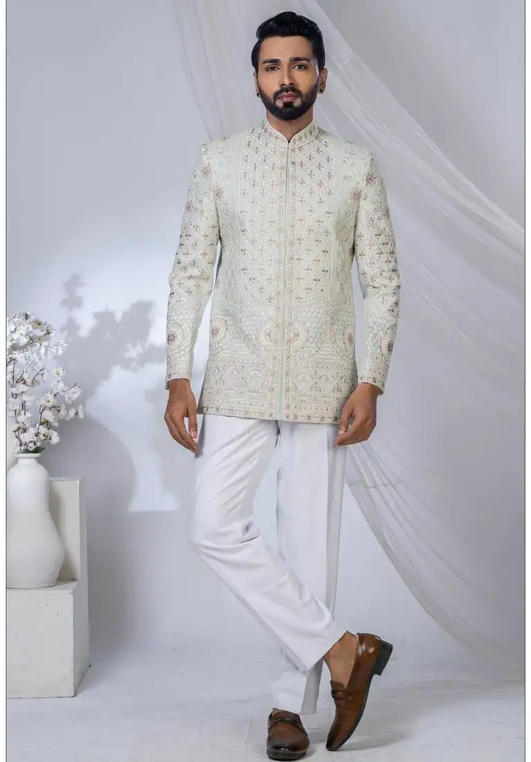 Cream rayon embroidered bandhgala for mens