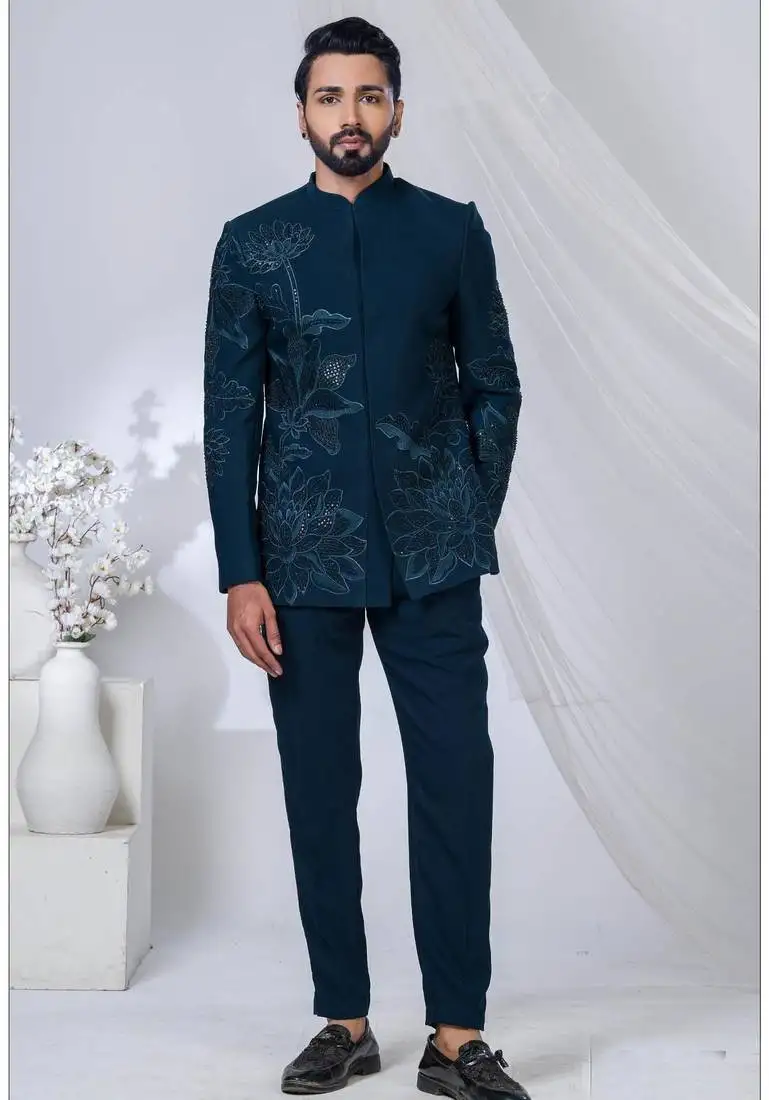 Blue rayon hand woven bandhgala for mens